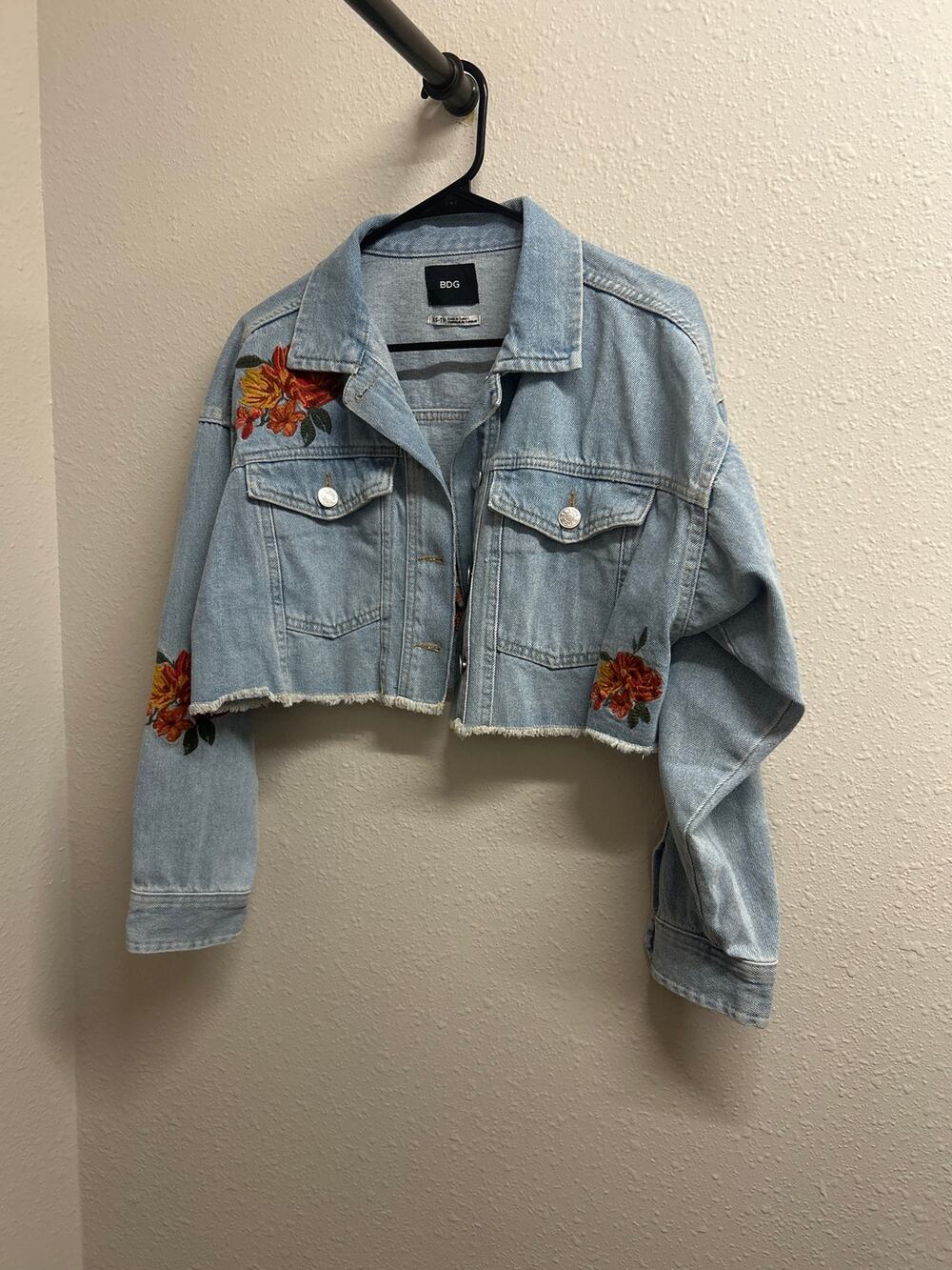 BDG urban outfitters cropped denim jacket floral embroidery jean jacket raw hem